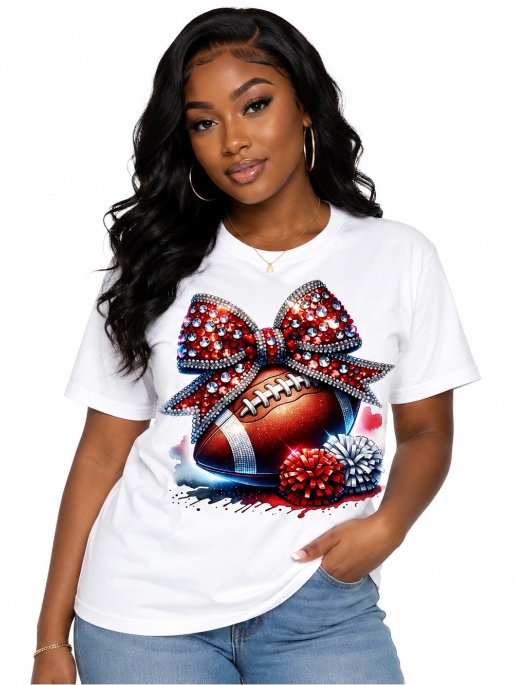 White Graphic Tee with Red & Blue Rhinestone Bow and Football
